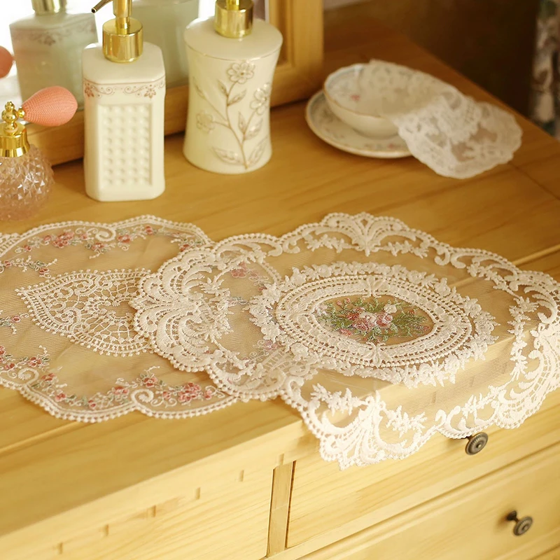 

Lace Fabric Oval Coffee Coaster Placemat Transparent Bedside Table Mat European Kitchen Cover Cloth Simple Tablecloth