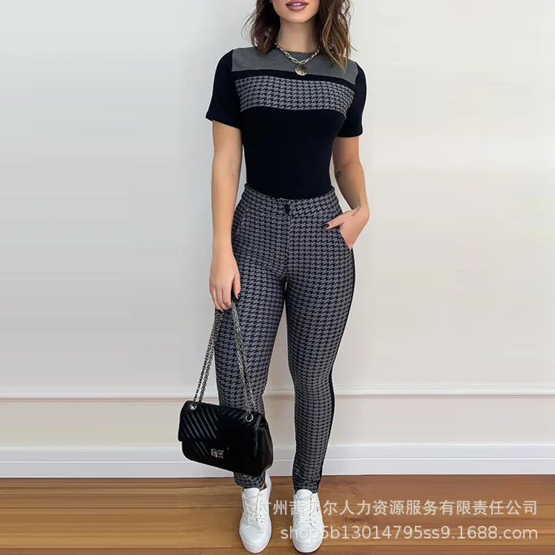 

Women 2pcs Clothes Suit Casual Houndstooth Print Short Sleeve Top & Pocket Design Pants Set Fashion Summer