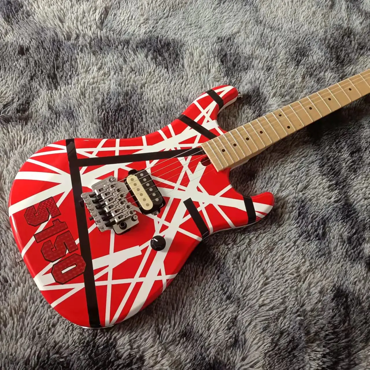 

2022Upgraded Kra Eddie Edward Van Halen 5150 White Stripe Red Electric Guitar Floyd Rose Tremolo Bridge, Locking Nut, Maple Neck