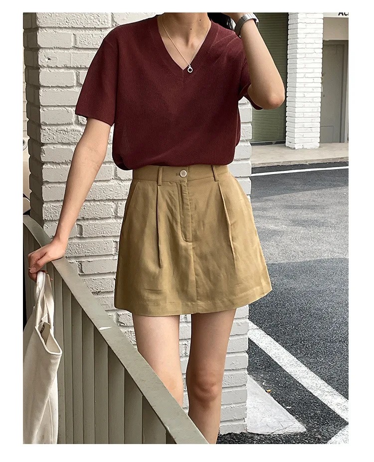 

Новинка 2022, Модный женский однотонный летний топ с коротким рукавом и V-образным вырезом