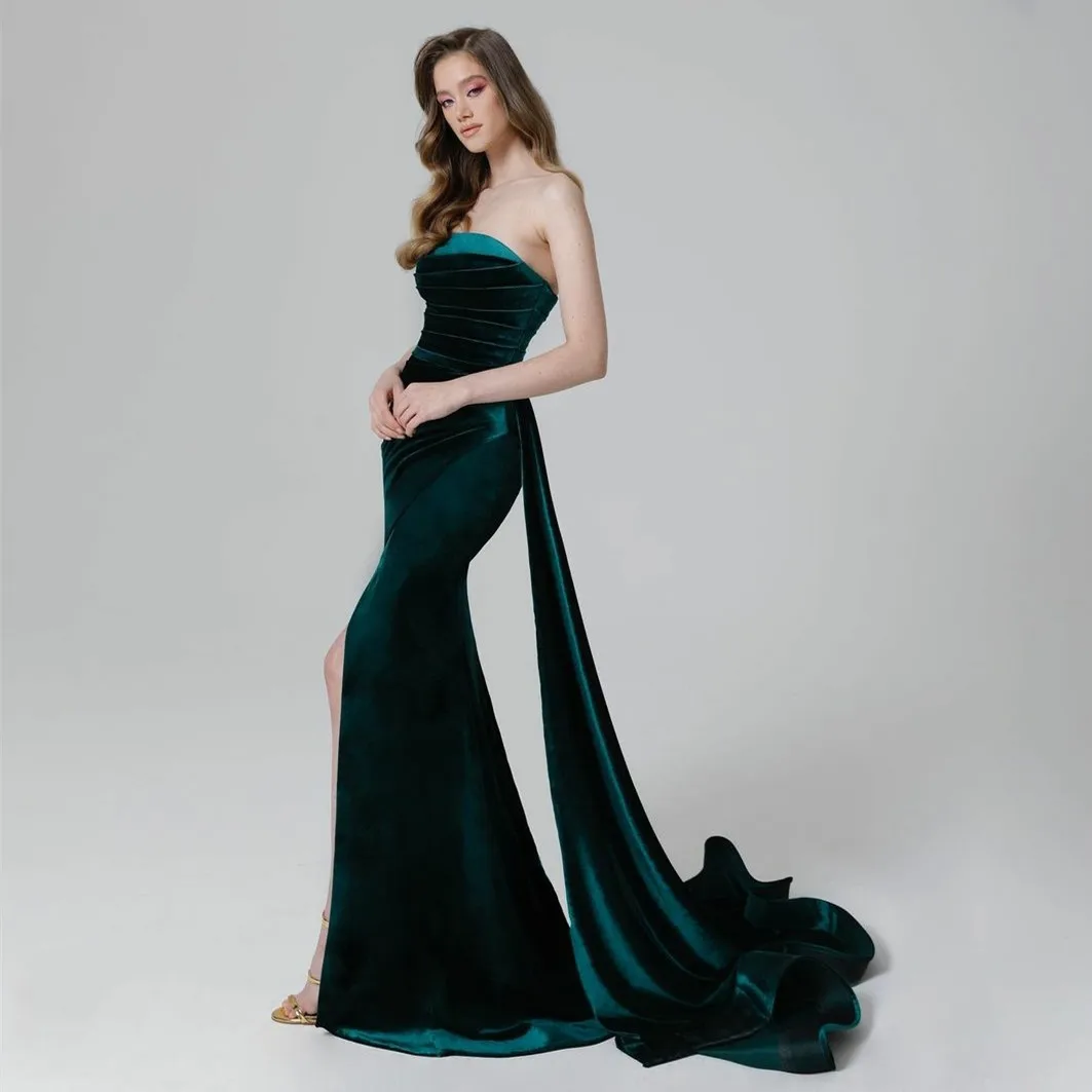 

Elegant Long Strapless Velvet Evening Dresses Mermaid Green Sweep Train Pleated Muslim فساتين السهرة Prom Gowns for Women