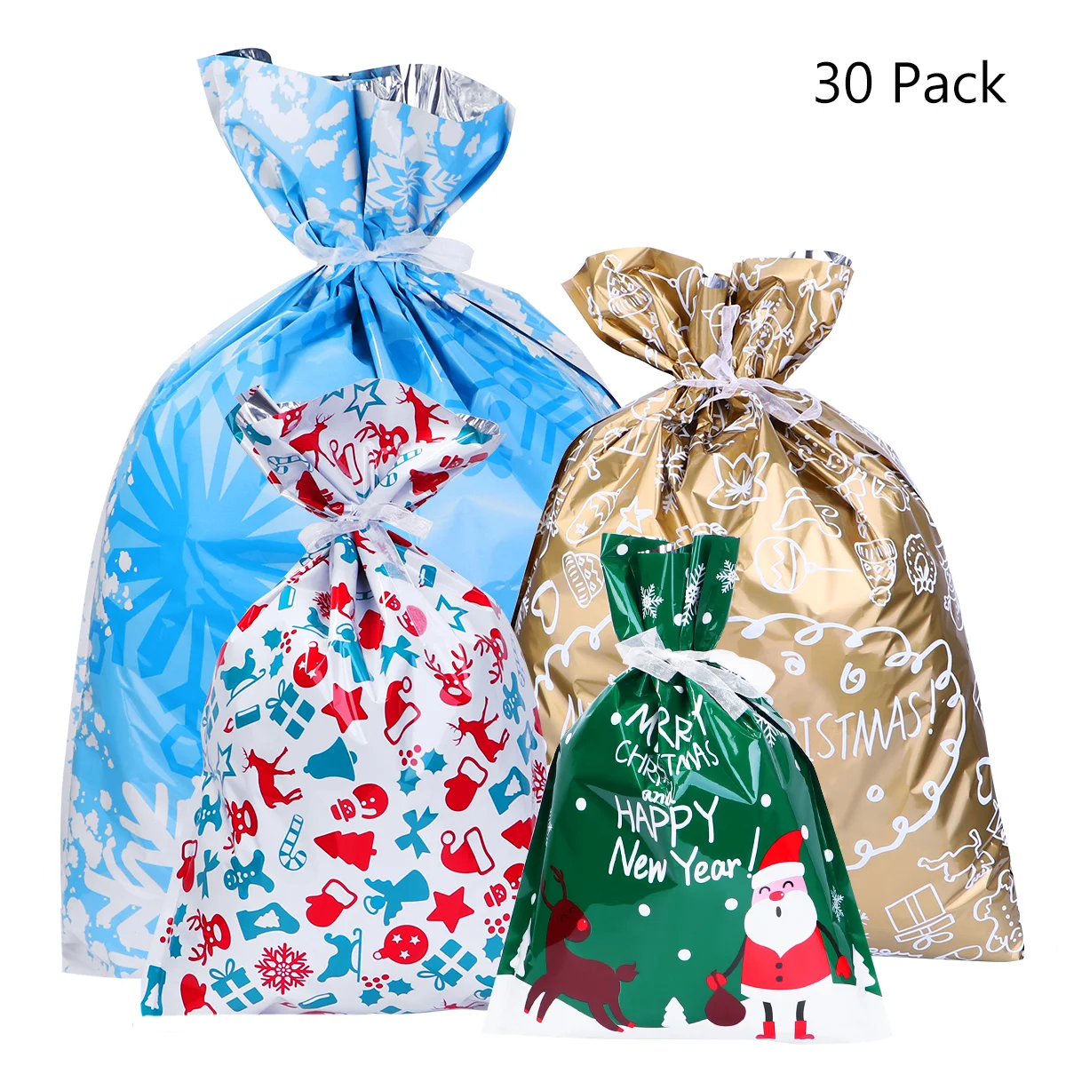 

30pcs Christmas Drawstring Bags Foil Wrapping Gift Bag Candy Bag for Xmas Holiday Party Treat Bag Favors Decoration