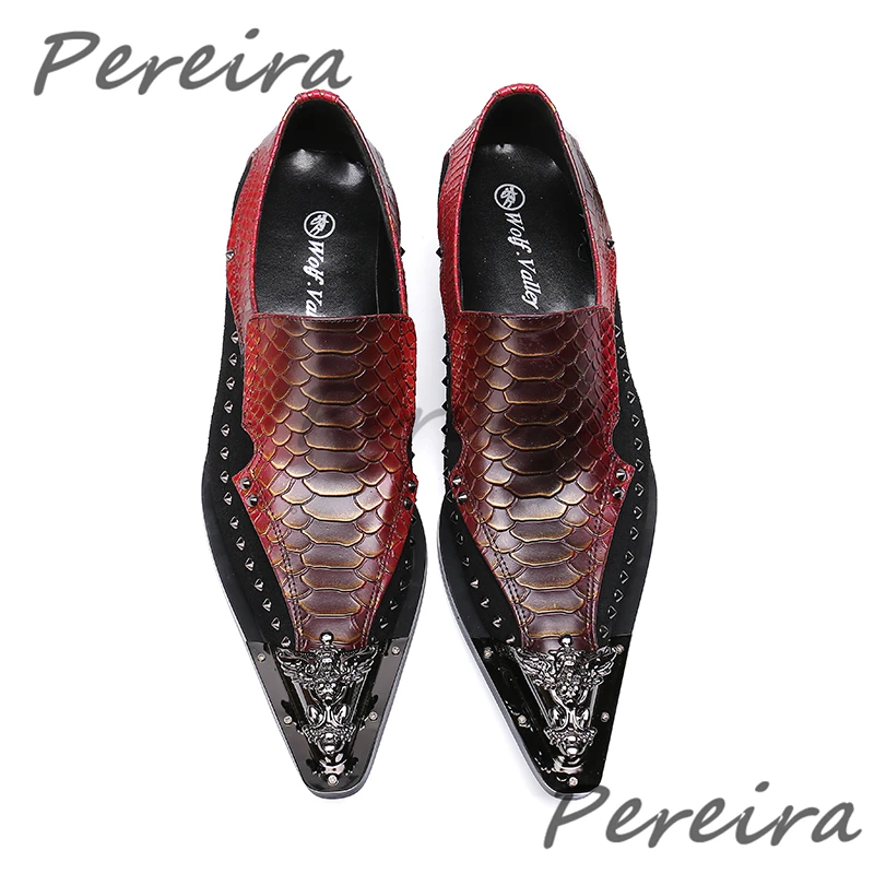 Iron Pointed Men's Shoes Fashion Rivets Snake Pattern Cow Leather Business Dress Handmade Patchwork Party Wedding