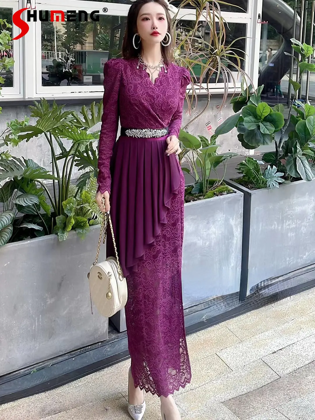 

Elegant Purple Maxi Dress for Women 2023 Spring New V-neck Lace Ruffled Chiffon Patchwork Bodycon Dress Office Ladies Vestidos