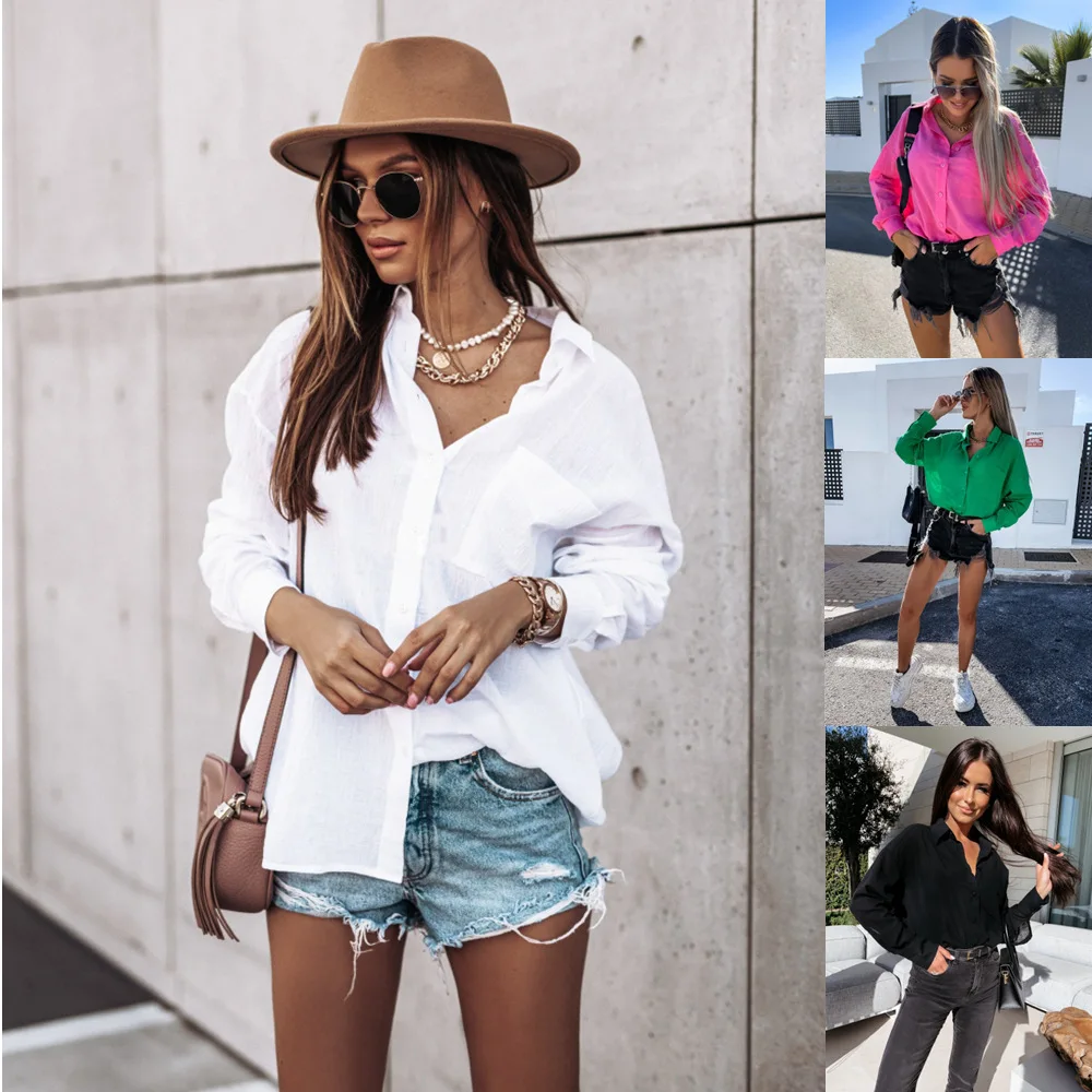 

Spring and summer loose long sleeve V-neck button patch pocket shirt women