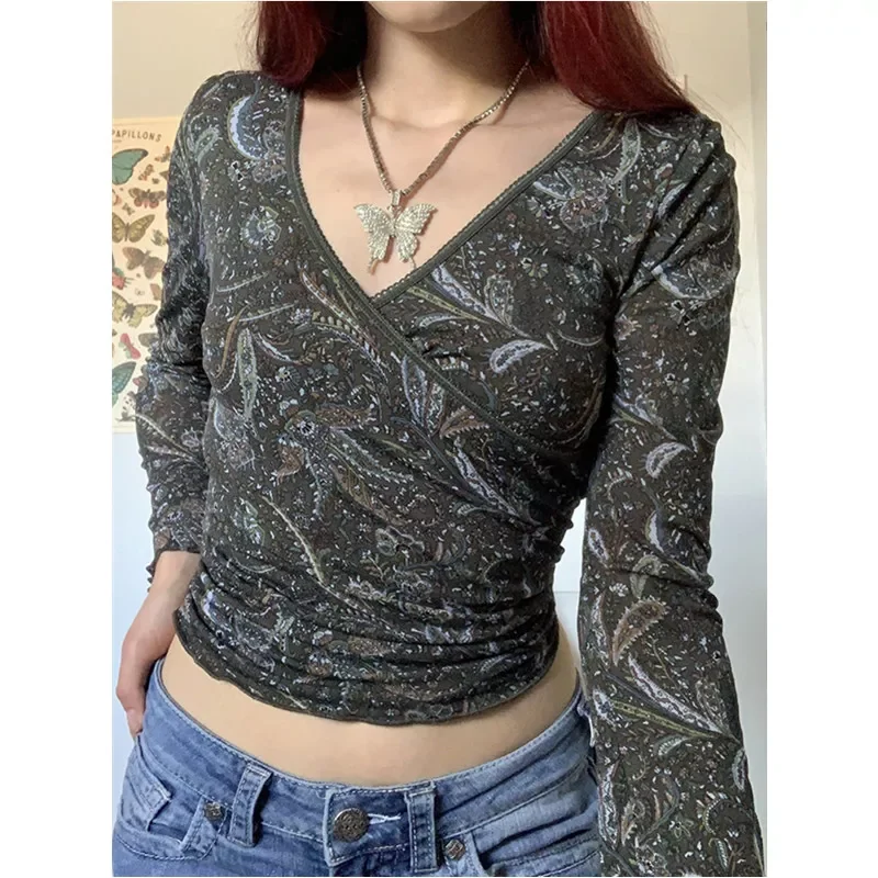 

2023New Vintage Printed See Through Mesh Autumn Korean Fashion Long Sleeve Womens T-Shirt For Girls Sweet Y2k Top 2021 Clothes