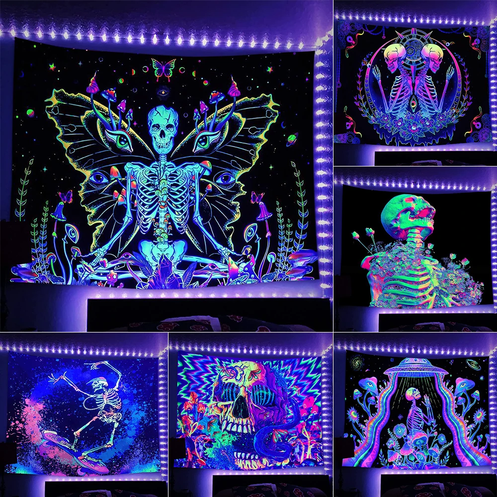 

Яркий флуоресцентный гобелен в виде черепа для творчества, солнце, Луны, бабочки, цветов, настенное украшение в стиле хиппи