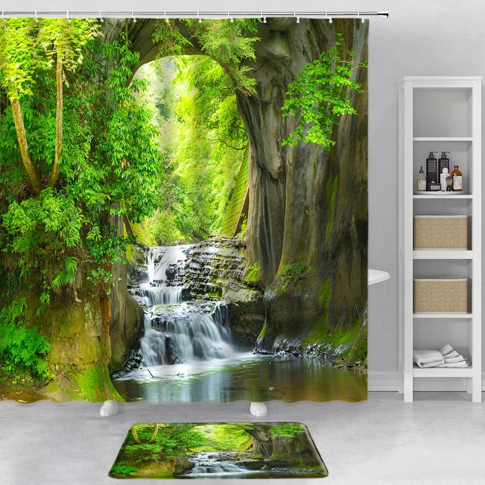 Forest Landscape Shower Curtain Set Waterfall Green Plant Trees Cave Spring Nature Scenery Bathroom Decor Non-Slip Rug Bath Mats