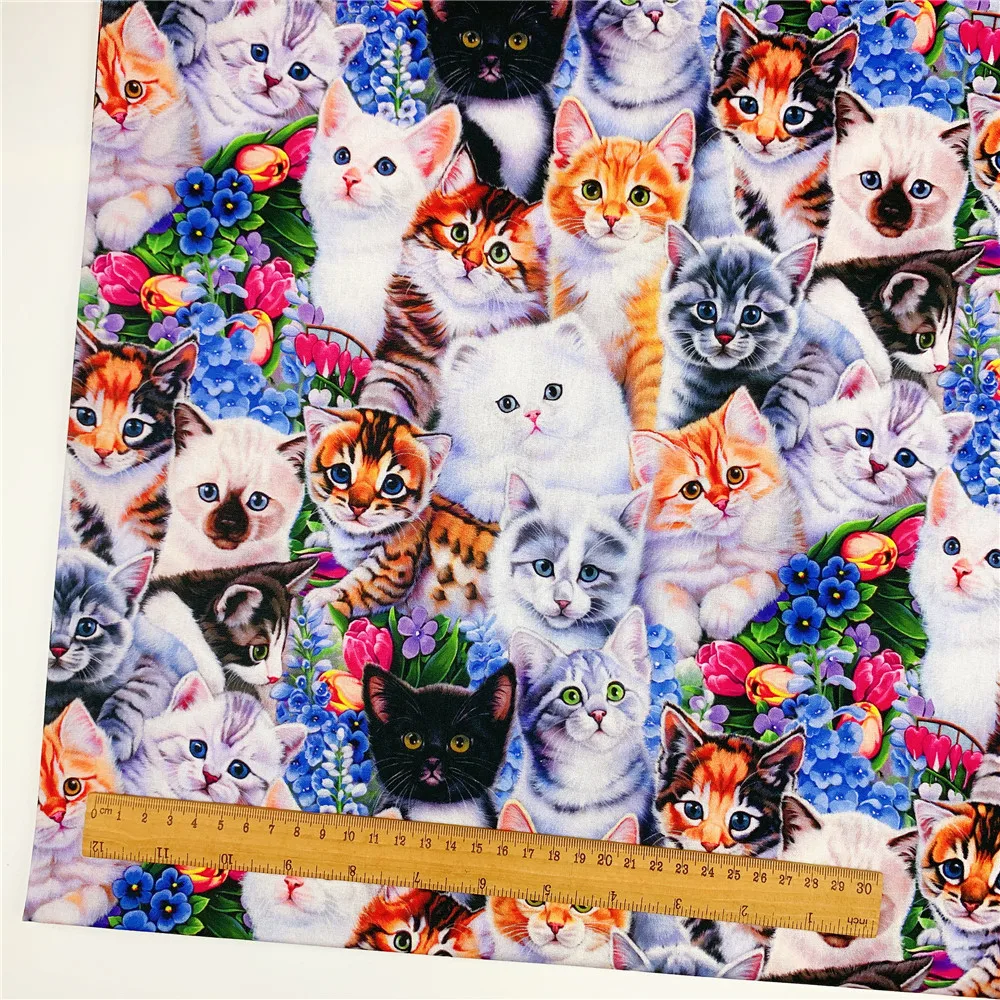 100% хлопчатобумажная ткань с розовыми мультяшными кошками семейный узор цифровым