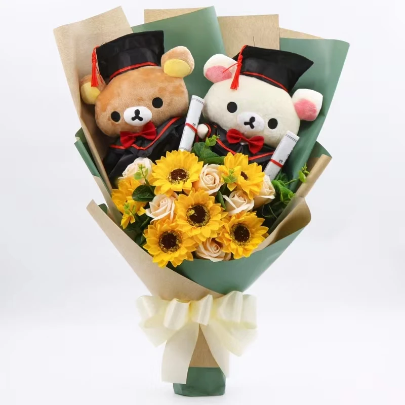 

Cute Teddy Bear Stuffed Animal Plush Toy Lover Rilakkuma With graduation Flower Bouquet Gift Box Birthday Graduation Gifts