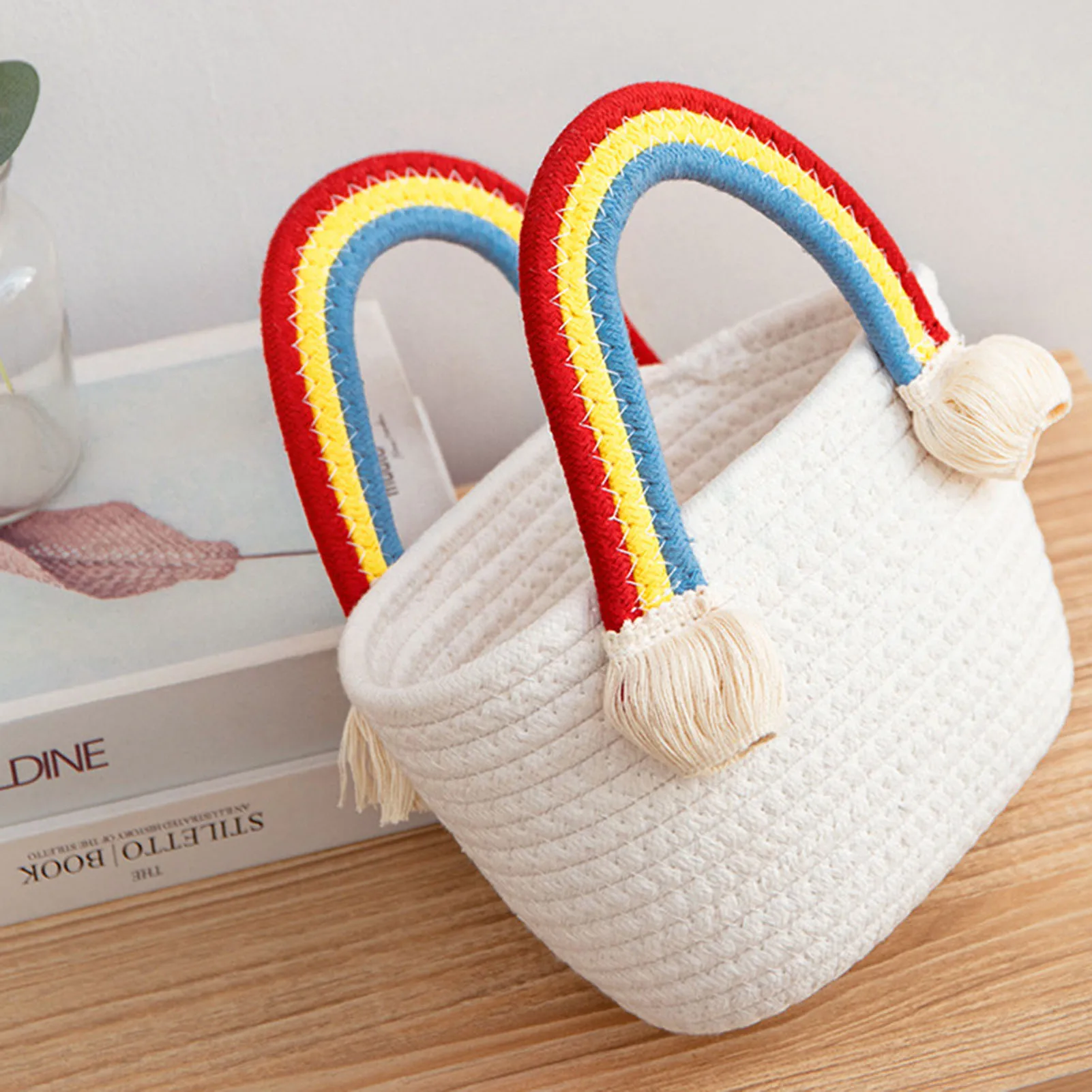 

Женская плетеная Сумка из хлопка, радужная вместительная Соломенная Сумка-тоут ручной работы в богемном стиле