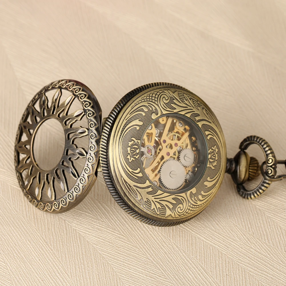 Bronze Sun Skeleton Display Manual Mechanical Pocket Watch Retro Fob Chain Roman Numerals Antique Pocket Timepiece Gifts Male