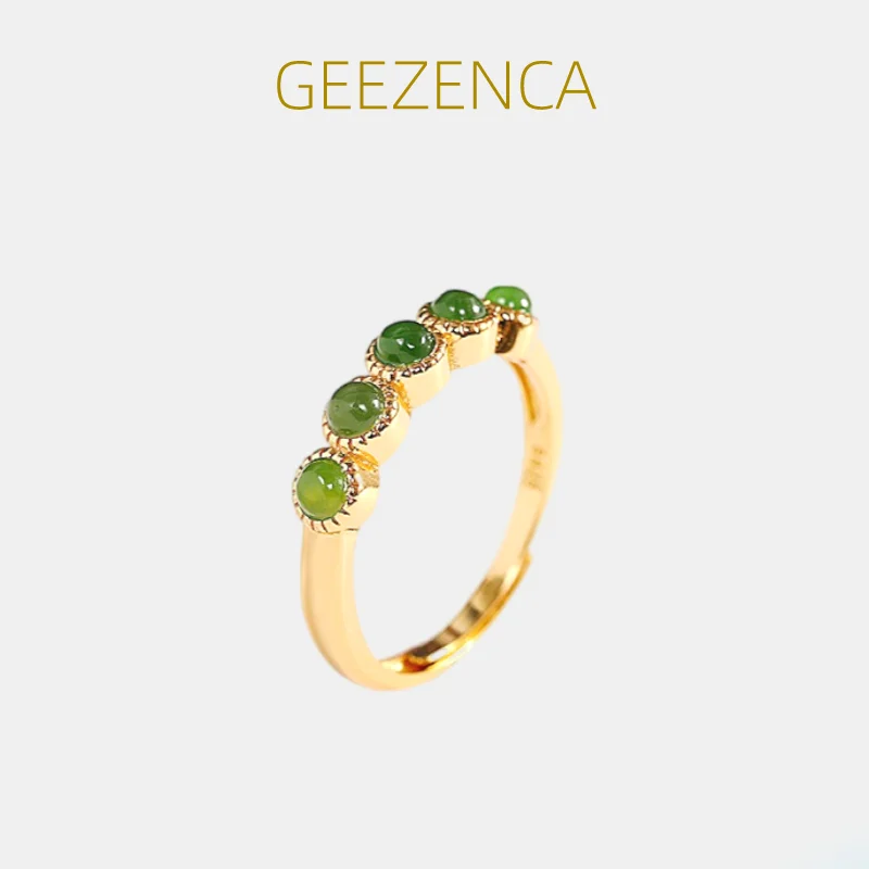 

GEEZENCA 925 Sterling Silver Gold Plated Jasper Women's Ring Simple Trendy Natural Green Jade Open Rings Fine Jewelry Party Gift