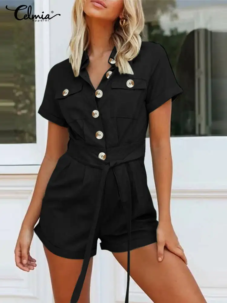

Celmia Fashion Solid Color Rompers Women Vintage Short Sleeve Buttons Jumpsuit 2023 Summer Party Playsuit Cargo Pant Overalls