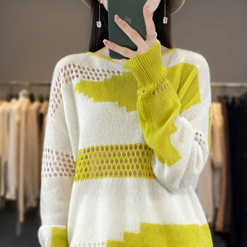 

Женский ажурный свитер из 100% шерсти, свободный разноцветный пуловер с круглым вырезом и длинным рукавом, универсальный шерстяной топ на осень