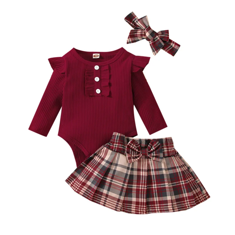

Комплект из 3 предметов для маленьких девочек, Осенний комбинезон в рубчик с оборками и длинным рукавом + плиссированная юбка в клетку с повя...