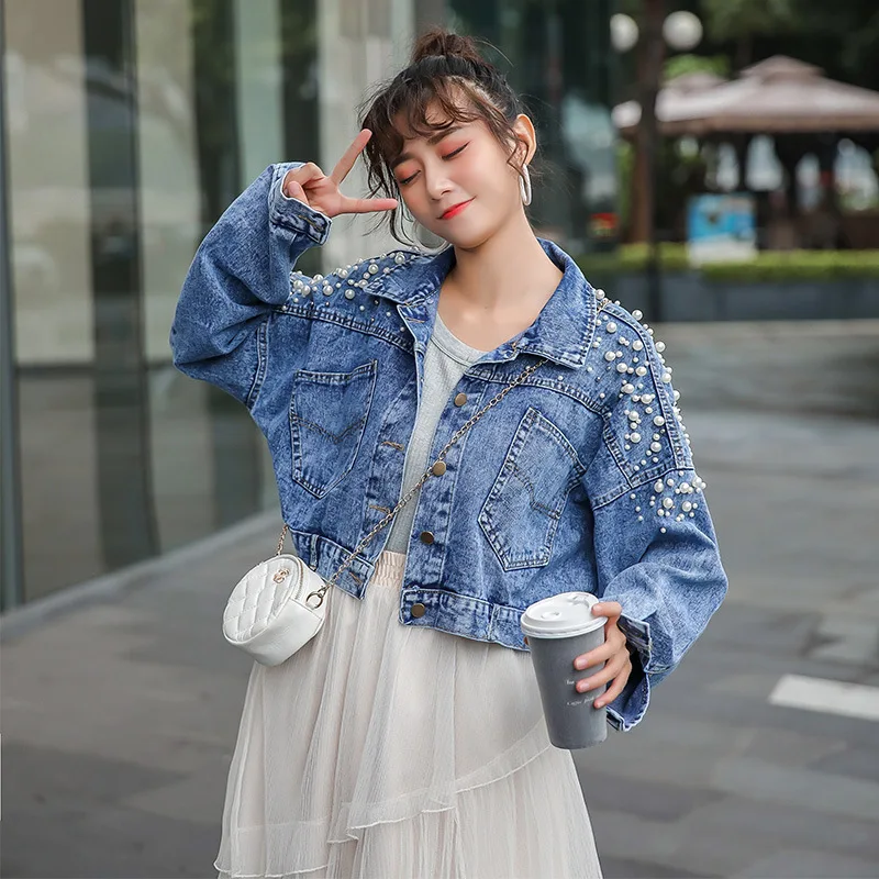 

Diamonds Short Denim Jacket Women Loose 2021 Spring Autumn Fashion Street Indie Aesthetic Lapel Beading Cowboy Jackets Harajuku