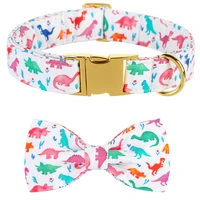 unique personalized dinosaur cotton dog collar and leash set with bow tie summer dog collar for dog metal buckle pet accessories