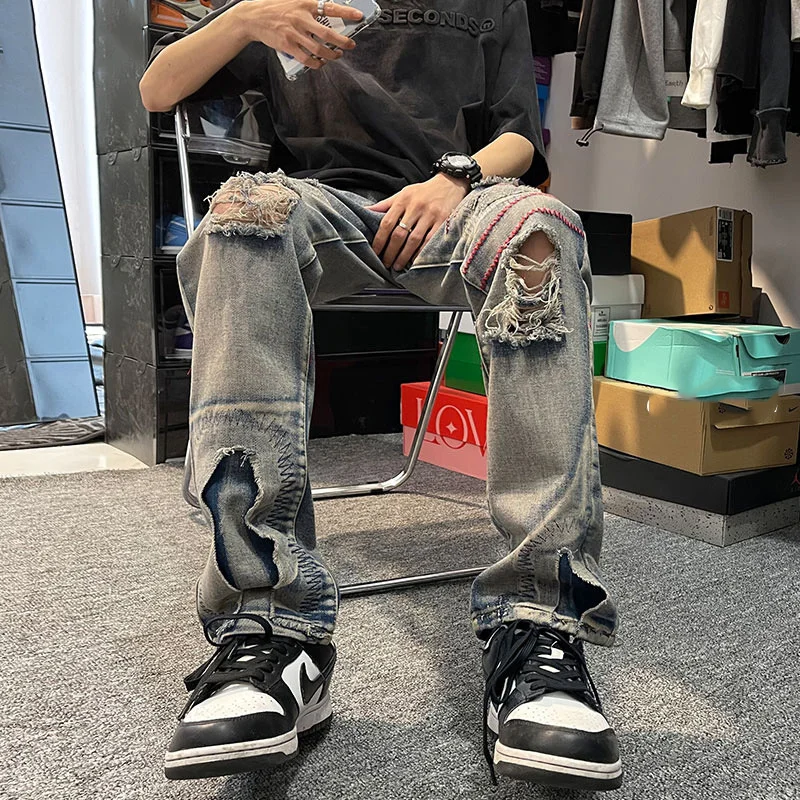 

High quality Broken Beggar Jeans Men's Summer 2023 Thin High Street Washed Trendy Pants