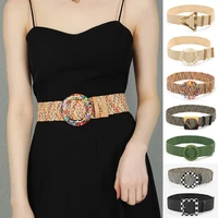 elastic braided waist belt bohemian geometric resin buckle pp straw knitted beach dress shirt waistbands vintage belts for women