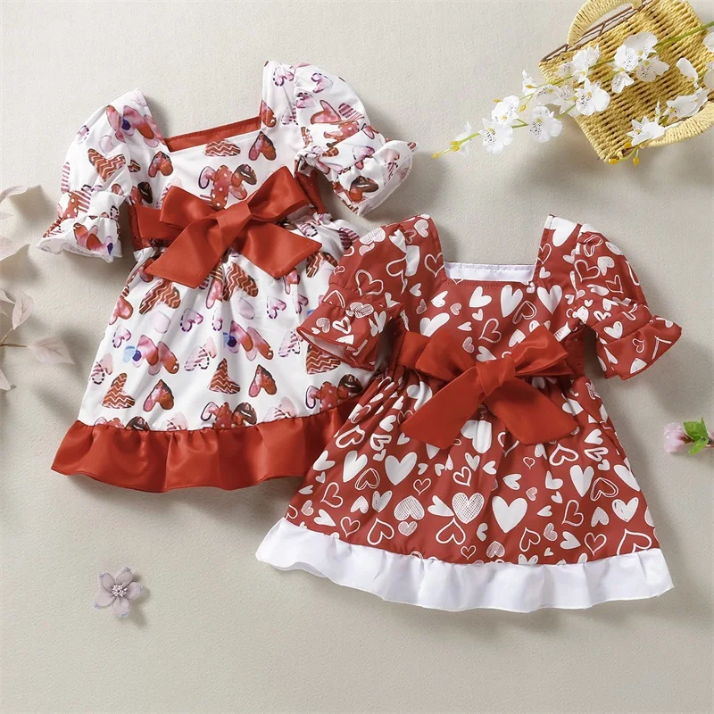 

Baby Girls Summer Dress, Short Puff Sleeve Big Waist Bow Ruffle High Waist Dress, Girls Cozy Square Neck Princess Dress