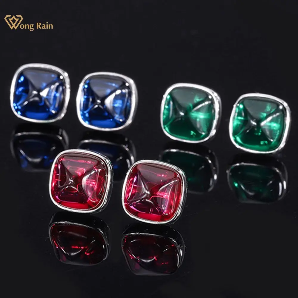 

Wong Rain 925 Sterling Silver 8*8 MM Emerald Sapphire Ruby Created Moissanite Gemstone Vintage Ear Studs Earrings Fine Jewelry