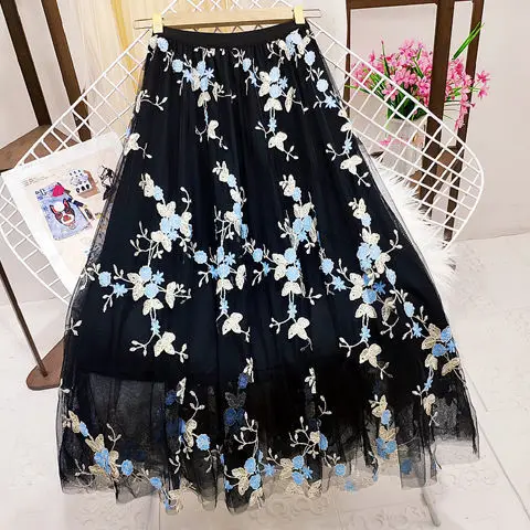 

High Waist Embroidered Skirt Women's Spring/Summer New Mesh Skirt Long Pleated Skirt