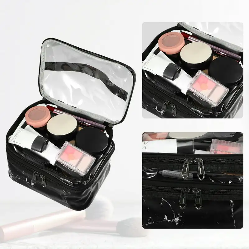 and White  Beautiful Double Layer Marble Pattern Makeup Bag Cosmetic Organizer Black and White - Perfect for Travel!
