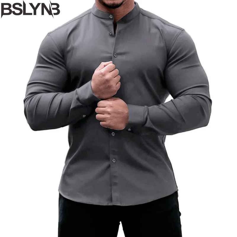 

Рубашка мужская с длинным рукавом, повседневная сорочка из микроэластичной ткани, приталенный силуэт, удобный универсальный топ с воротником-стойкой, однотонная одежда