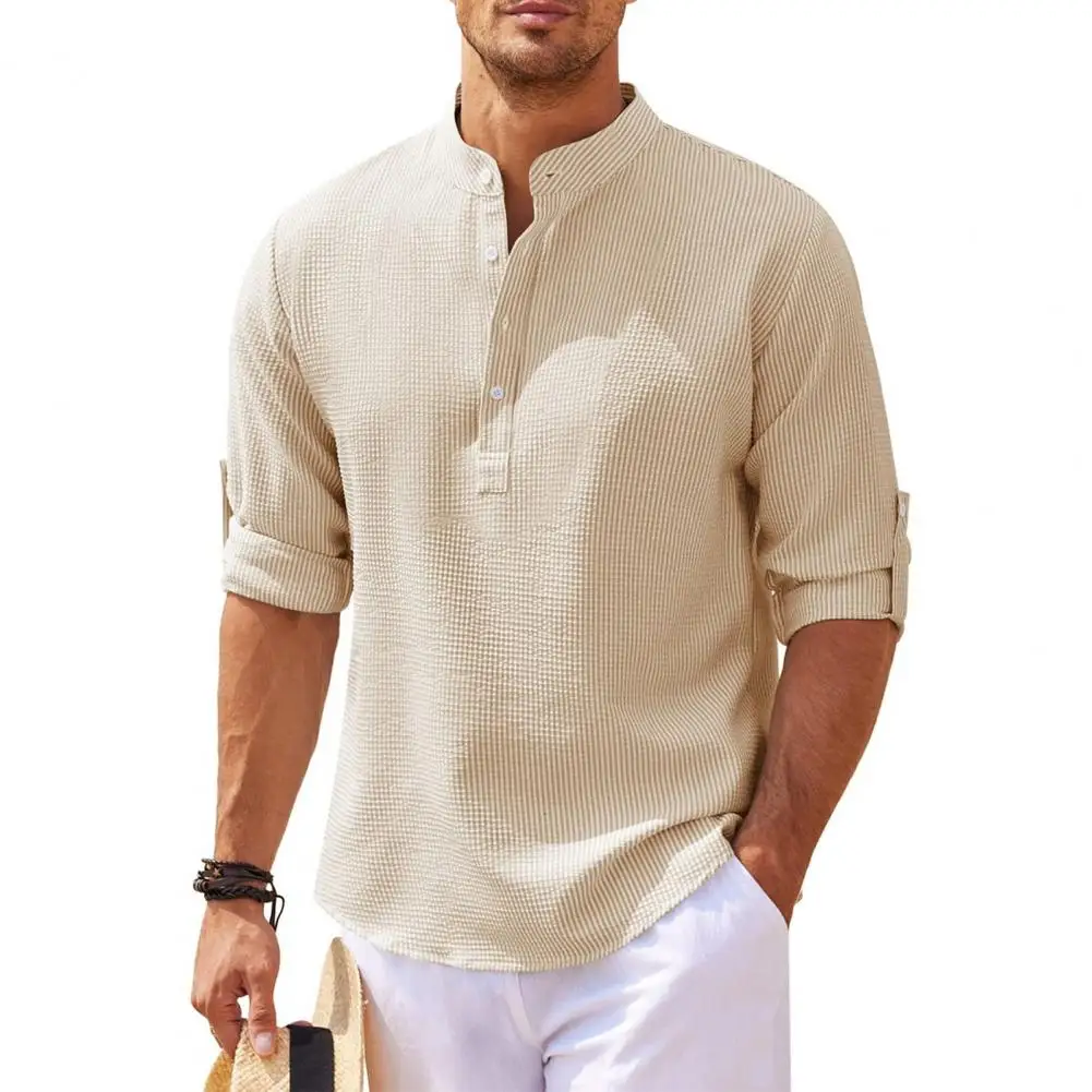 

Men Stand Collar Long Sleeve Pullover Tops Buttons Half Placket Plaid Print Casual Beach Style Shirt Streetwear