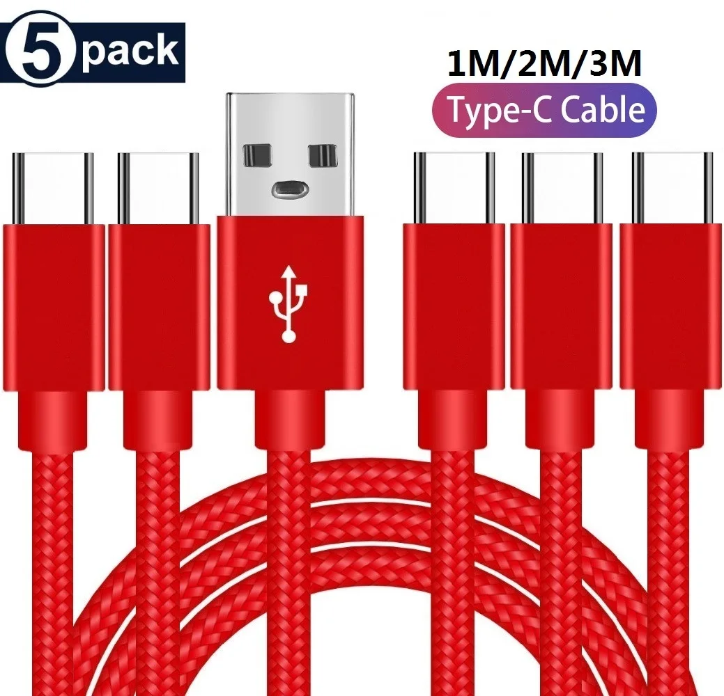 

5Pack 1M 2M 3M USB Type C Cable for Xiaomi Redmi note 10 Samsung S10 Mobile Phone Fast Charging USB C Cable Fabric Nylon Cables