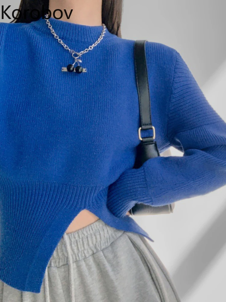 

Korobov Leisure Commute Autumn Knitting Long Sleeve Top Pullover Fashionable Female Puff Sleeves Waist Split Sweater Vintage