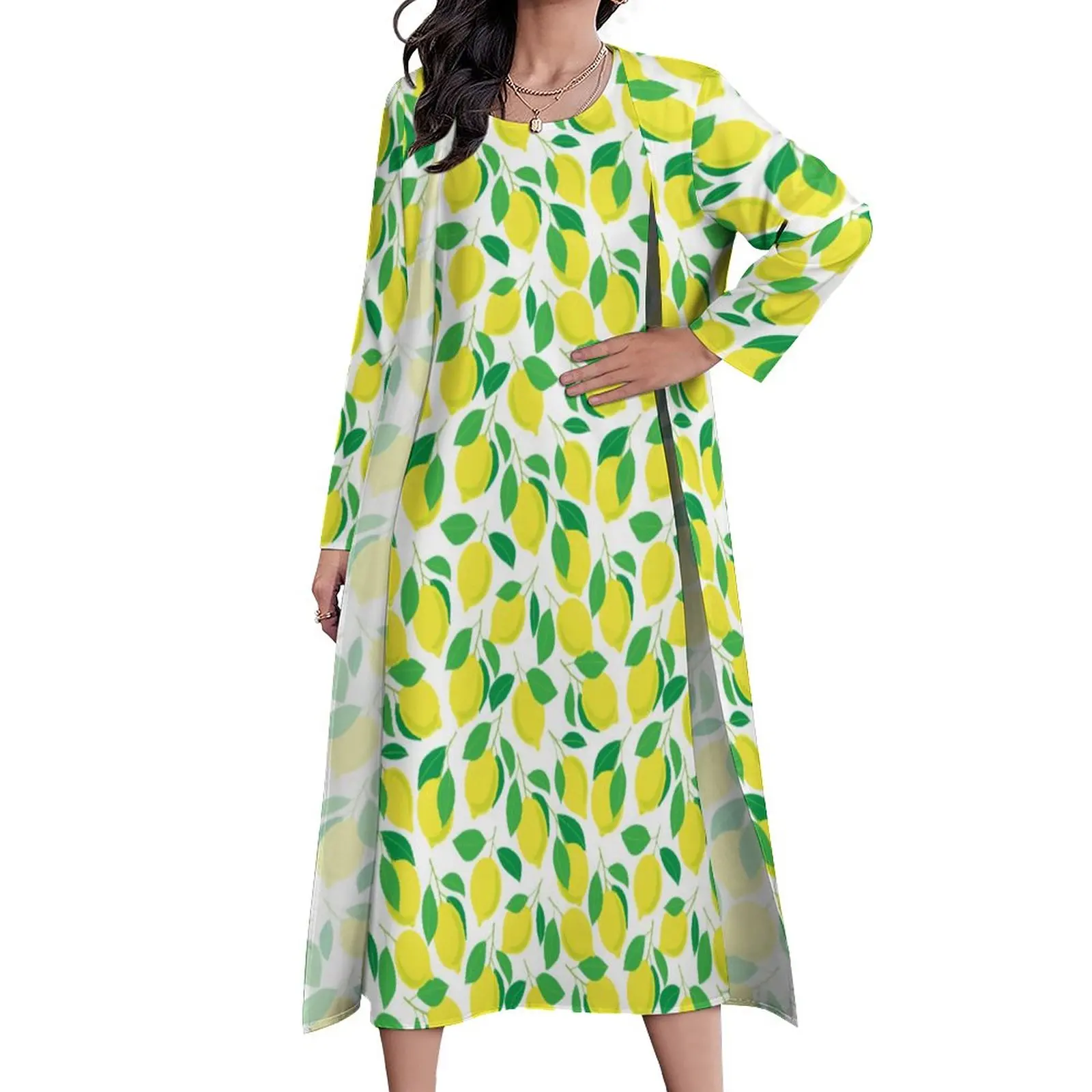 

Платье-макси с длинным рукавом и принтом лимона