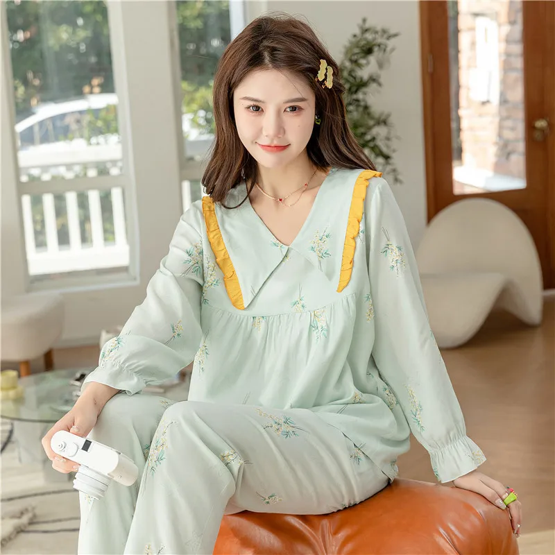 Spring Silk Women's Pajamas 2023 Spring and Summer New Long-Sleeved Trousers V-neck Pullover Cute Girl Homewear Suit