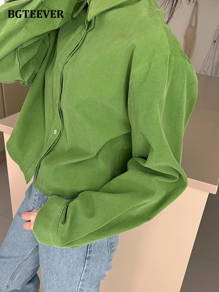 

BGTEEVER Vintage Turn-down Collar Short Women Blouses Tops Spring Chic Long Sleeve Single-breasted Female Corduroy Shirts 2022