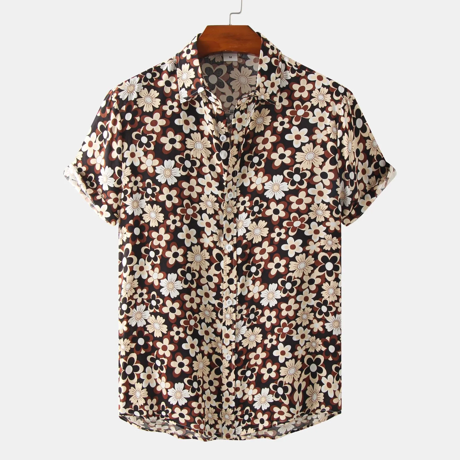 

Summer Men Flower Shirts Short Sleeve Printed Lapel Button Up Tops Blouse Casual Loose Down-collar Shirt