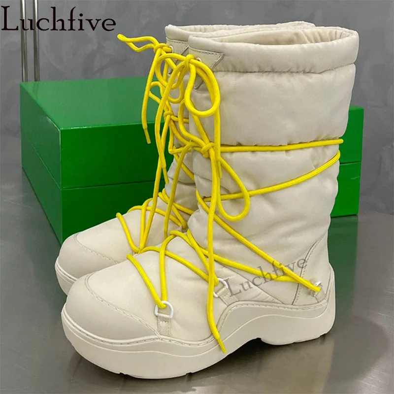 

Женские сапоги до середины икры, с круглым носком, на толстой подошве, со шнуровкой, теплые зимние сапоги на резинке, Роскошные, 2023