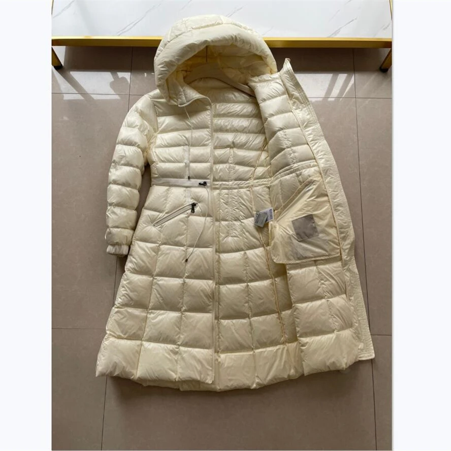 

Winter Women long slim Down jacket Hooded Filled with white goose down Solid color A-word overcoat Send dustproof bags