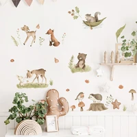 woodland animals deers bear floral watercolor wall stickers nursery peel and stick vinyl wall decal mural kids room home decor