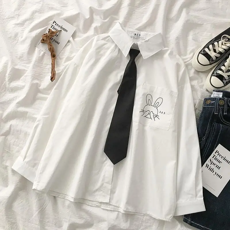 

DAYIFUN Spring Autumn Student Shirt JK Style Long Sleeve Solid White Tops with Tie Japanese Korean Women Shirts Blouse Harajuku