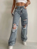 vintage street straight mopping pants sexy hollow out ripped denim trousers fashion mid waist women blue jeans 2022 new arrival