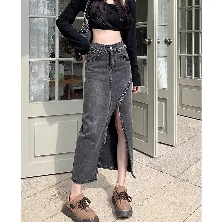 

2023 New Spring Summer Retro Burrs Design Gradient Irregular Denim Skirt Women High Waist Mid-calf Faldas Streetwear A14