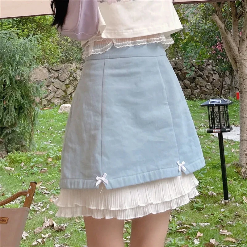 

Zoki Ruffle Kawaii Blue Mini Skirt Women Japanese Sweet Cute Bow Patchwork Skirt Fashion High Waist A Line Skirts