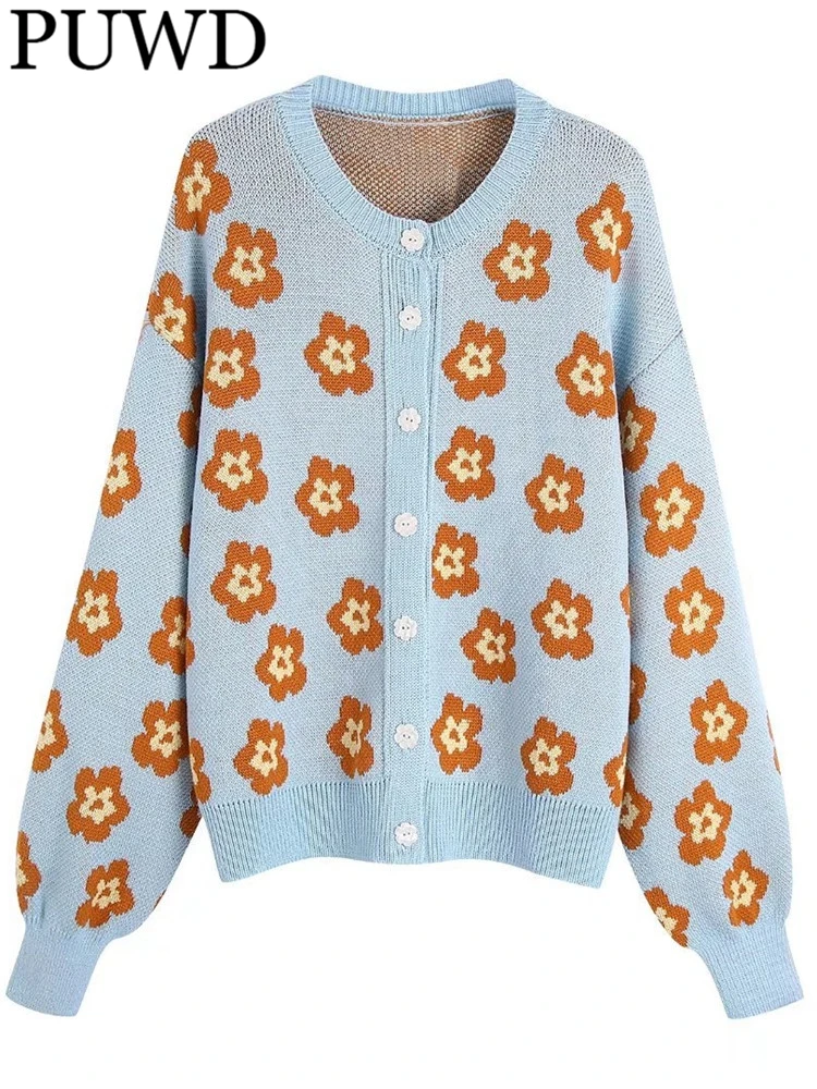 

PUWD Women O Neck Long Sleeve Straight Knitted Cardigan 2022 Spring Fashion Ladies College Style Sweater Female Printed Sweater