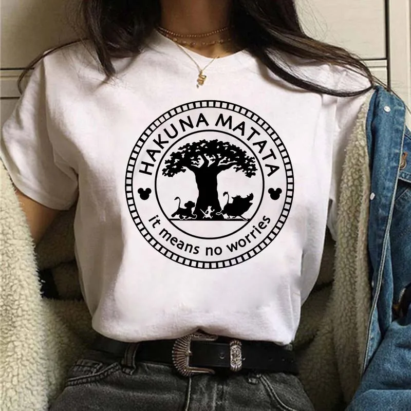

Женская футболка из 100% хлопка Hakuna Matata, футболка с коротким рукавом в стиле короля льва, уличная одежда, топы Диснея, бесплатная доставка