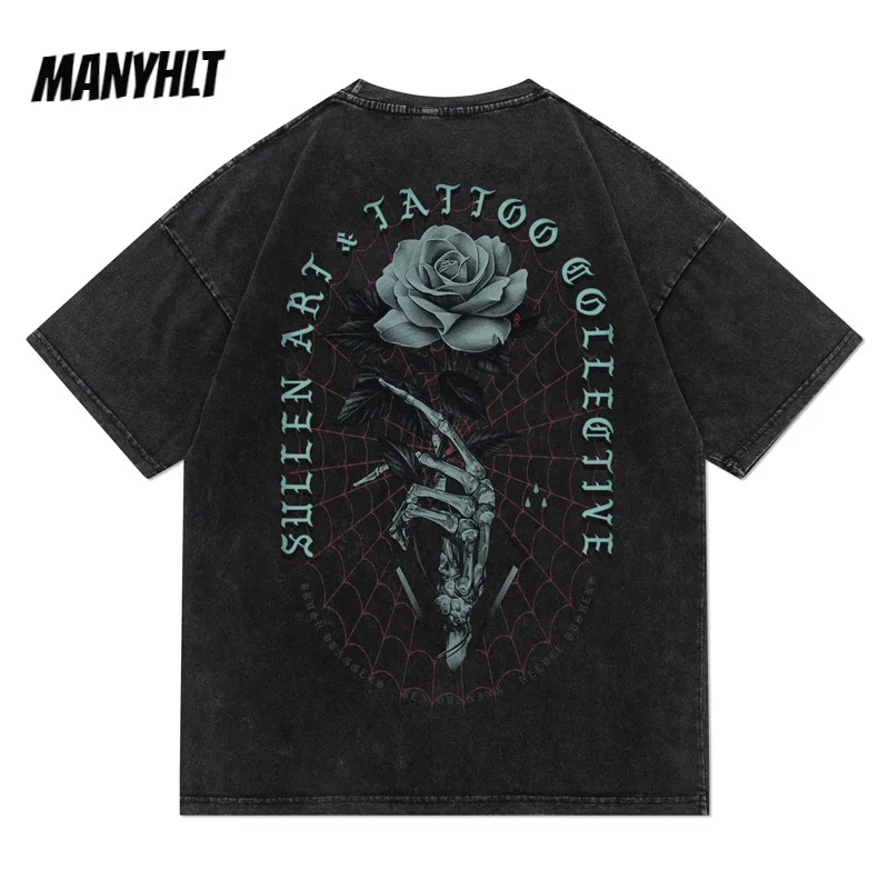 

hip Hop Rose Skull Hand Print Gothic Rock T-shirt Cotton Distressed T Shirt2022 Men Harajuku Vintage Casual Short Sleeve Tshirt