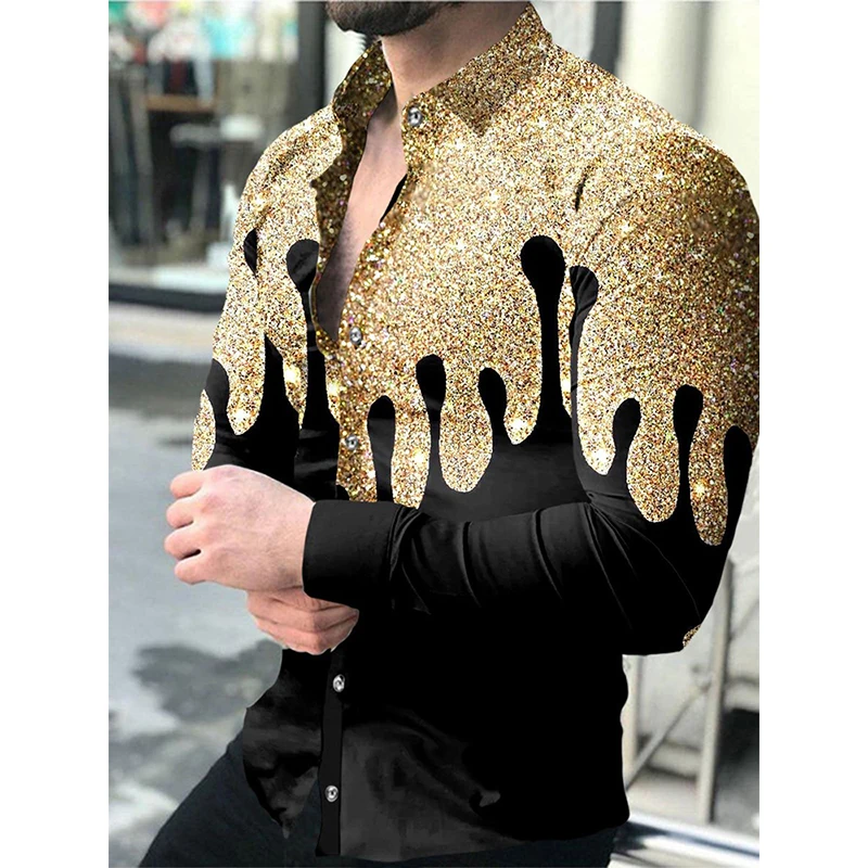 

Fashion Quicksand Print Shirts Men 2022 New Prom Cardigan Turn-down Collar Buttoned Shirt Casual Long Sleeve Tops Men's Clothing