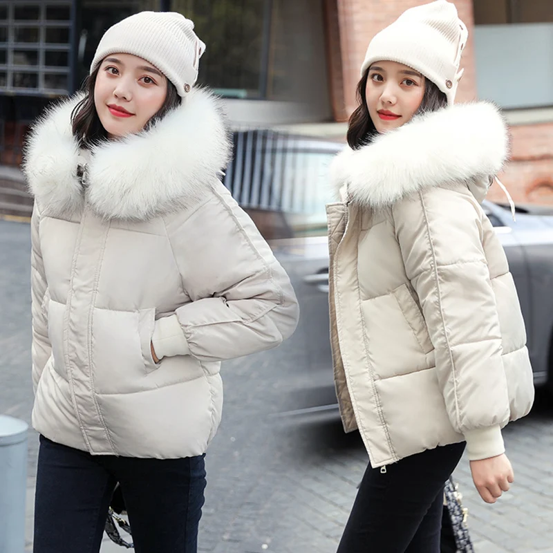 Women's Fashion Large Fur Collar Hooded Thick Cotton Down Thickened Jackets Winter Coats Solid Simple Parkas 2021 Female Outwear