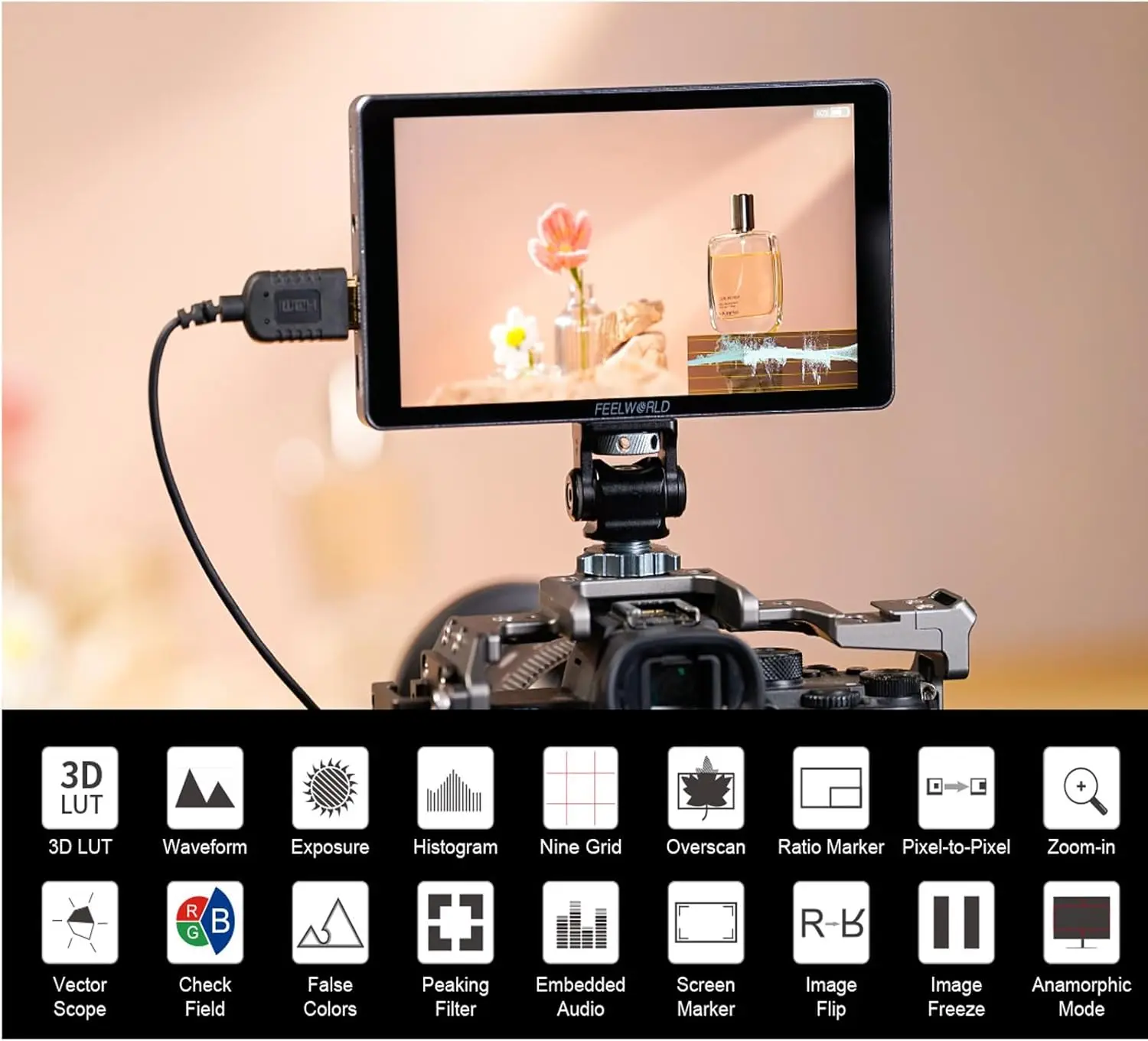 Фото FEELWORLD P6XL 6-дюймовый алюминиевый встроенный аккумуляторный фотомонитор 4K HDMI-совместимый монитор высокой яркости 1200 нит FHD IPS №5