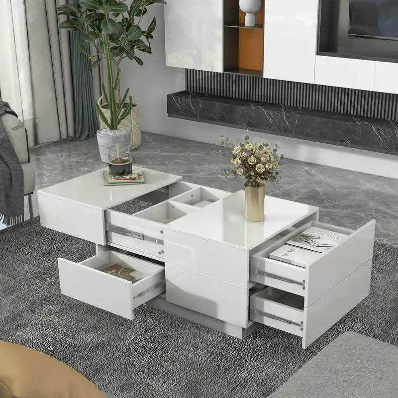 

Coffee Table for Living room with 4 Drawers,UV High-gloss Center Table with Sliding ,Rectangle Cocktail Table with Hidden Storag